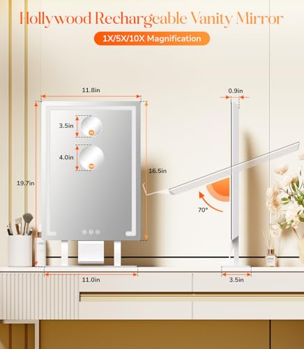 Gospire Lighted Makeup Mirror with 4000mAh Rechargeable Battery, 19.7" x 11.8" - Hollywood Vanity Mirror with 70° Swivel & Magnification