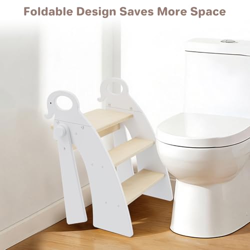 Reeple 3-Step Foldable White Toddler & Kids Bathroom Sink Step Stool