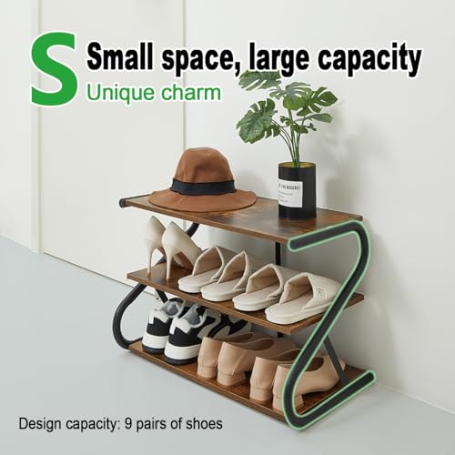 Wooden S-Shaped Shoe Rack for Entryway Closet - Rustic 11.81x25.78x15.86 Inches