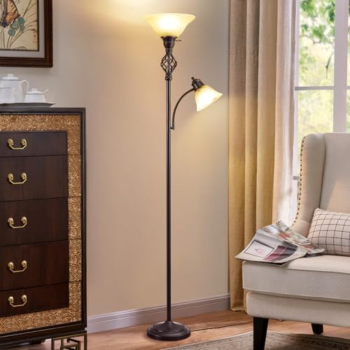 GyroVu Torchiere Floor Lamp for Living Room - Red Brown & Yellow Frosted Glass Shade