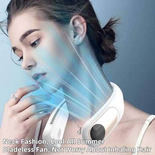 Namecute White Portable Neck Fan - 360° Bladeless Personal Wearable Cooler with LED Display, 4 Speeds, 6000mAh Rechargeable, Hands-Free Outdoor Indoor