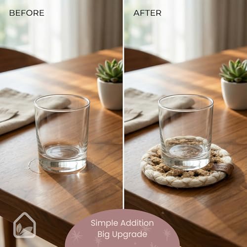 LEMON TREE White & Natural Braided Placemats & Coasters Set 6 - 5.12 Inch, Waterproof Table Mats