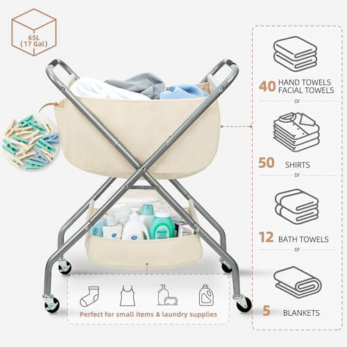 Storage Maniac Beige Collapsible Laundry Cart with Wheels, 31.5"H, Foldable Steel Frame & Canvas Liner