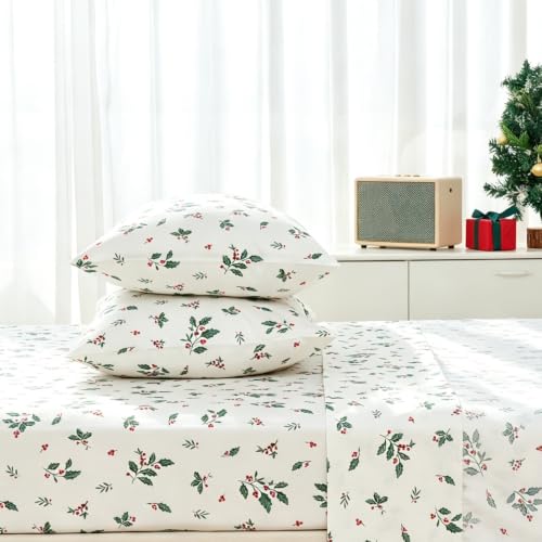 DAUAOTO Christmas Holly Berries Cotton Sheets Set Twin XL Pattern 19#