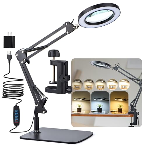20-Inch Stand and Clamp LED Magnifying Desk Lamp with Real Glass Lens, Adjustable Light