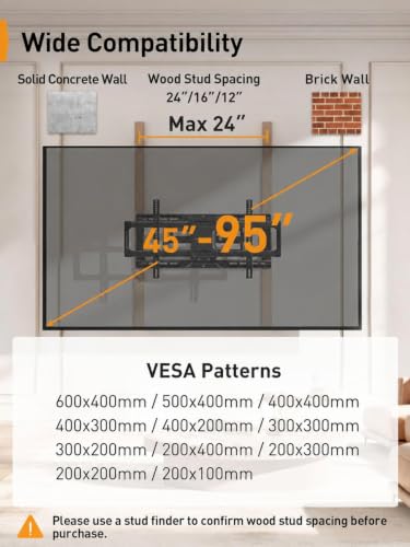 Perlegear Full Motion TV Wall Mount 45-95 Inch Max 150 lbs - No LED, Wood Stud Compatible
