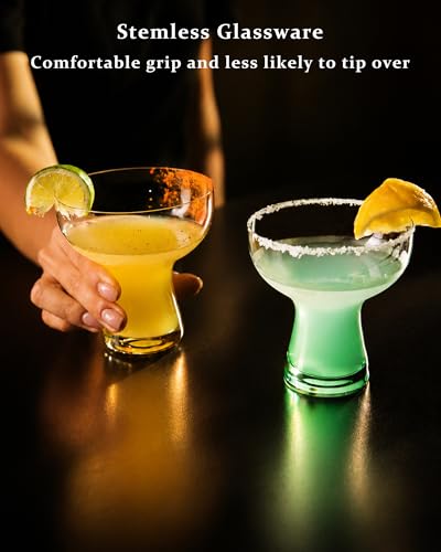 Set of 6 Colorful Stemless Margarita Glasses - Lead-Free Crystal, 10oz