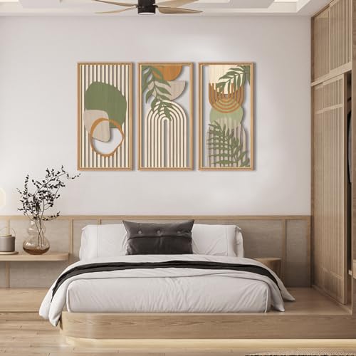 Large Boho Wall Art Set - Green Framed Abstract Leaf Wooden Decor 16x32 Inches