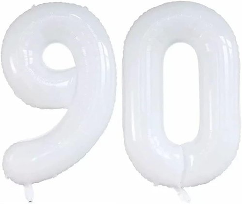 GOER 90th Birthday Balloons - 42 Inch Jumbo White Foil Helium Decorations for Anniversary Celebrations