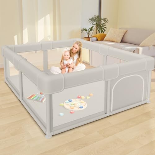 Baby Playpen 50x50x27 Inches with Gate - Grey, No Mat, Safe Indoor & Outdoor Play Area