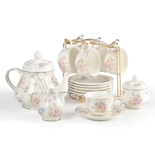 Sweejar Small Flower Floral Tea Set for 6 with Teapot & Saucers – Gold Rim Porcelain, Elegant Gift