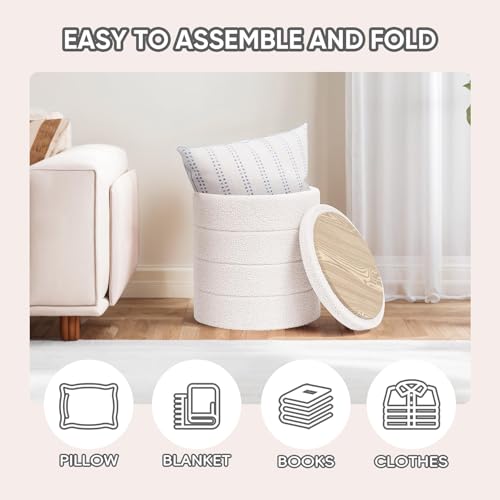 PINPLUS Cream Round Folding Storage Ottoman with Tray - 14.6 Inch Diameter