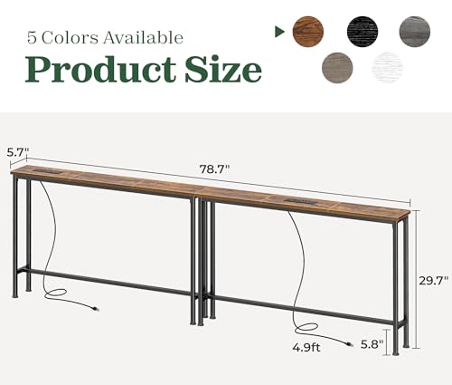 SUPERJARE 78.8-Inch Narrow Behind Couch Table with 2 Charging Stations, Rustic Brown, 5.7"D x 78.7"W x 29.7"H