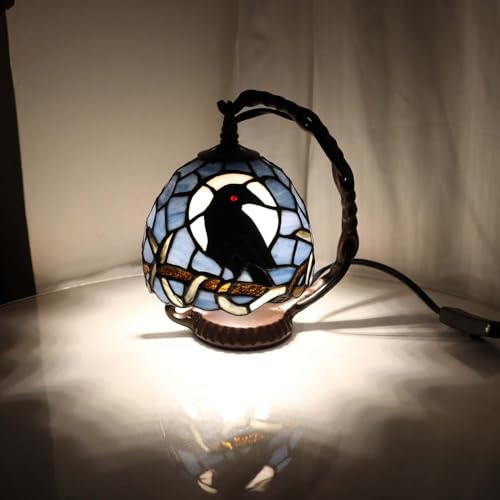 Dark Blue Tiffany Style Raven Mini Table Lamp - 7x5.5x8 Inches