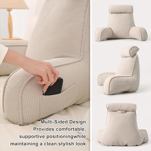 Ailuteie Beige Gray Large Reading Pillow for Sitting Up in Bed Backrest with Arms & Washable Cover