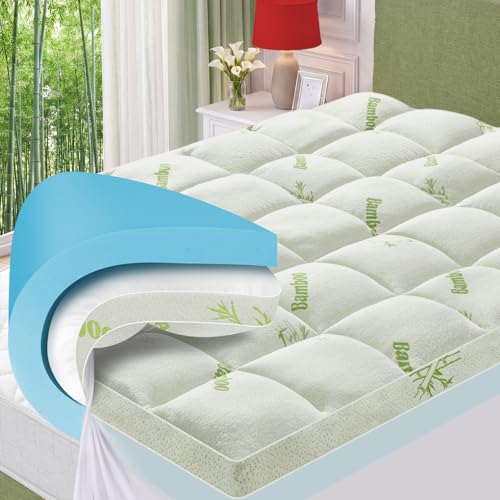 GRUSIGN Queen Memory Foam Mattress Topper 4 Inch Dual Layer Gel & Plush Pillow Top, Green, Deep Pocket