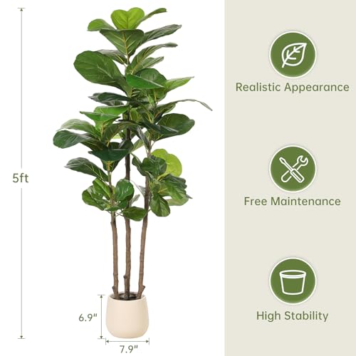 5ft Realead Artificial Fiddle Leaf Fig Tree with White Planter - Realistic Faux Plant