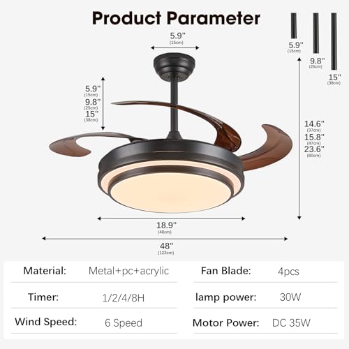 Y48D005 48-Inch Reversible Retractable Ceiling Fan with Lights - Black
