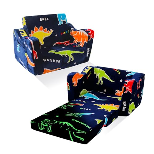 ONEKUKA Blue Glow-in-the-Dark Dinosaur Toddler Couch 2-in-1 Kids Play & Reading Seat