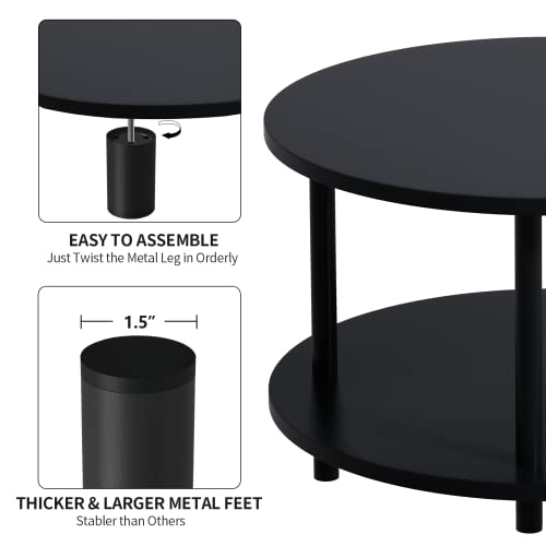 23.5-Inch Black Round Coffee Table with Open Storage - Small Space 2-Tier Wooden Center Table - Vanrohe Variation