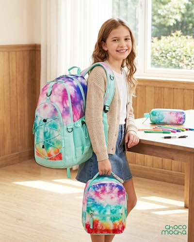 Girls School Backpack Set with Lunch Box - Tie Dye Teal, 18 Inch, 3 Pcs