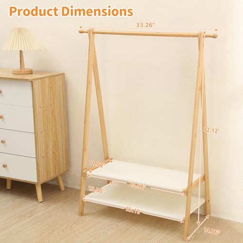 Kids Clothing Rack with Shelves and Hang Rod - Foldable Baby Wardrobe, Natural Bamboo