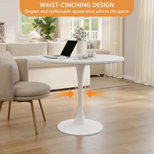 White Small Dining Table with MDF Top & Metal Pedestal Base - Space-Saving Mid-Century Modern Design
