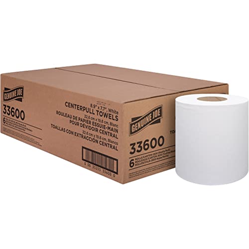 Genuine Joe Centerpull Towels 8.13 x 7.56 Inches, 1-Ply, 600 Sheets/Roll, 6 Count - Soft Absorbent Bathroom Towels