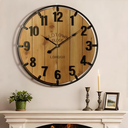 Farmhouse Wall Clock - 30 Inch Wooden & Metal Large Clock - Brown Variation