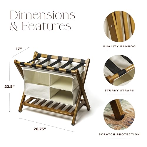 DomeNest Walnut Bamboo Folding Luggage Rack with Storage Shelf & Laundry Bag