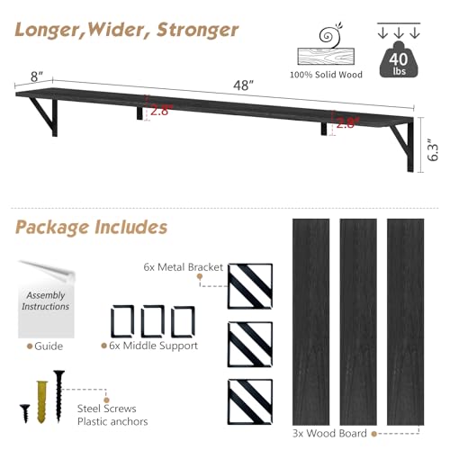 48 Inch Wall Floating Bookshelf - Rustic Black Wood Shelving for Living Room