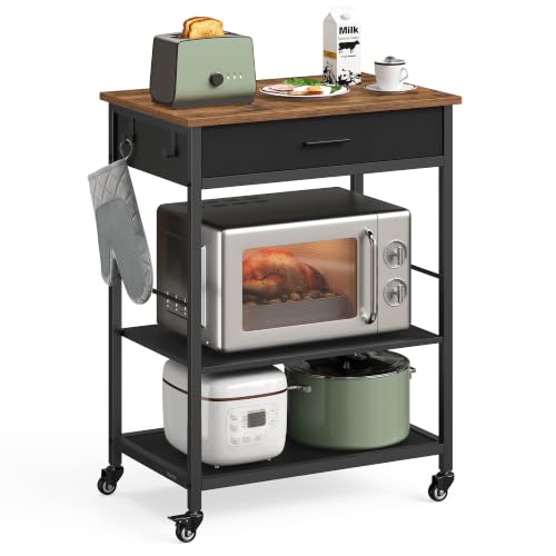 VASAGLE Rustic Brown & Ink Black Kitchen Island Cart with Storage, Drawer & Hooks, 17.7 x 23.6 x 35.4 inches