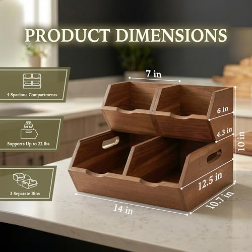 2-Tier Stackable Acacia Wood Storage Bins Set of 3 for Kitchen Pantry Organization
