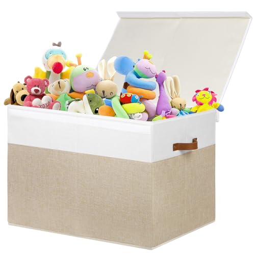 Large Toy Storage Box with Lid and Divider - 26x17x17 Inches Beige White