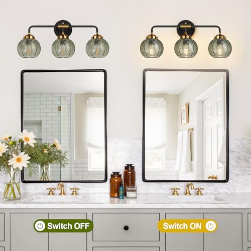 MOKATNG Green Leaf Textured Glass Bathroom Vanity Light - 3-Light Wall Fixture, Modern Matte Black & Gold Finish