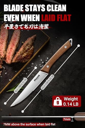 Huusk 8-Piece Steak Knife Set with Dual-Edge Blades and Wooden Block - Serrated & Straight