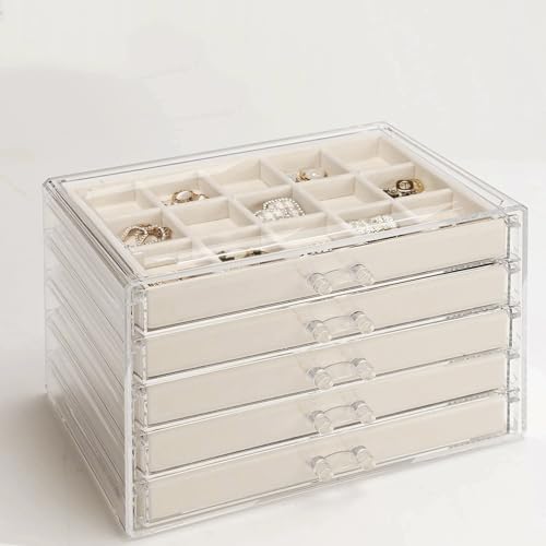 GUOER Acrylic Earring Organizer Jewelry Box 5 Drawers Warm White