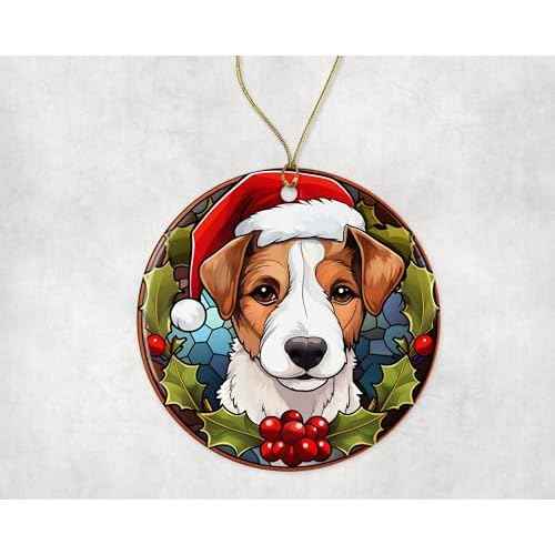 Jack Russel Terrier Christmas Stained Glass Ceramic Ornament, Christmas Tree Hanging Ornament, Dog Stained Glass Ornament, Ornament Religious Gift for Christians Printed on Both Sides