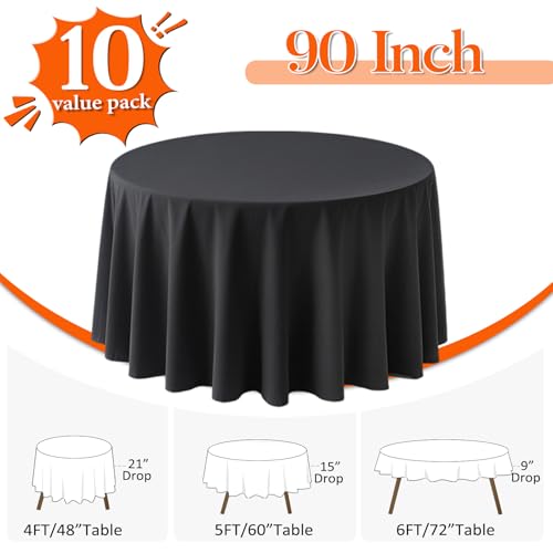 10 Pack Round Tablecloths 90 Inch Black for 36"-72" Table