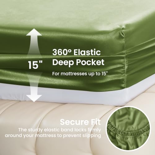 Love's cabin Satin Queen Bed Sheet Set - 4 Piece, Sage, Silky Soft,