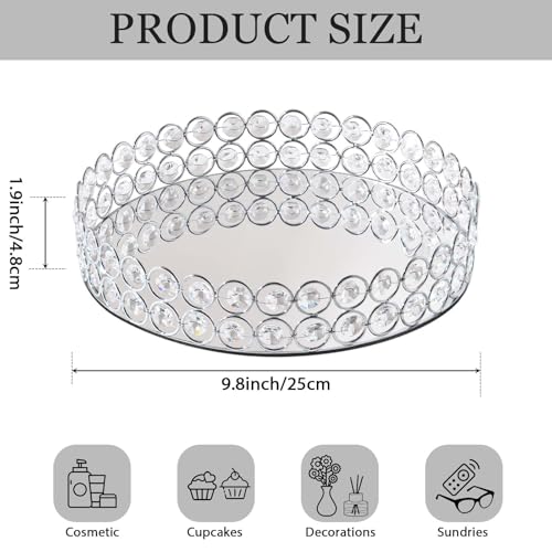 2 Pcs Silver 10" Round Metal Mirror Crystal Tray – Vanity for Makeup,