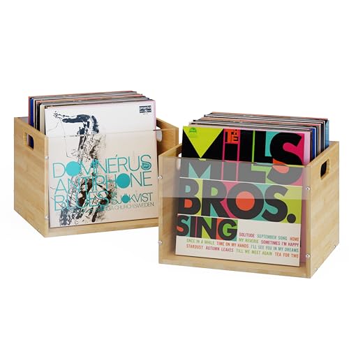 Vinyl Record Storage Box Set - 2 Pack Bamboo & Acrylic Crates for Albums & Magazines