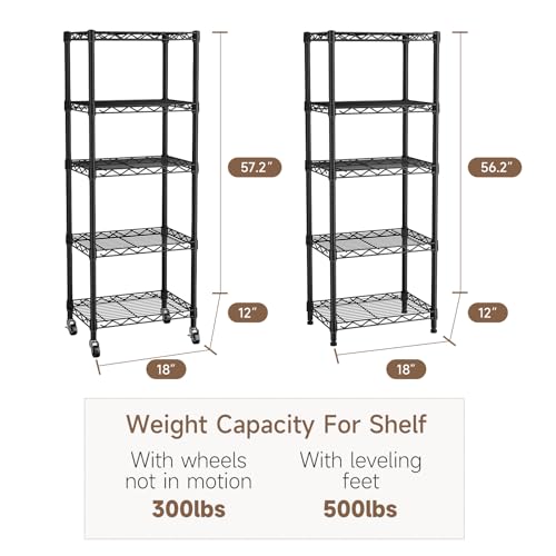 Small Adjustable Wire Shelving Unit with Wheels - 5-Tier Black Storage Rack