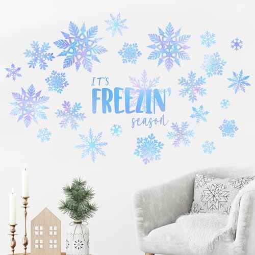 Mfault Winter Blue Snowflake Wall Decals Stickers, It's Freezin' Season Snow Decorations Bedroom Art, Seasonal Christmas Home Kitchen Decor