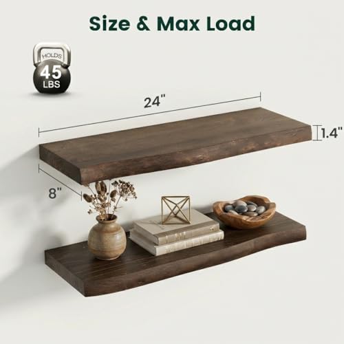 Walnut Live Edge Floating Shelves Set of 2 - 24 Inch Solid Elm Wall Shelves