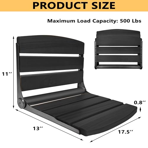 Black Folding Wall-Mounted Shower Seat with Teak Wood, 17.5x13 Inches