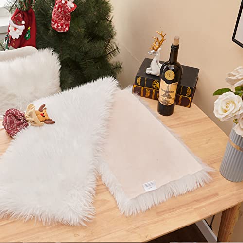MeiSan Faux Fur White Table Runner 11.8x70.8 Inch for Holiday & Seasonal Decor