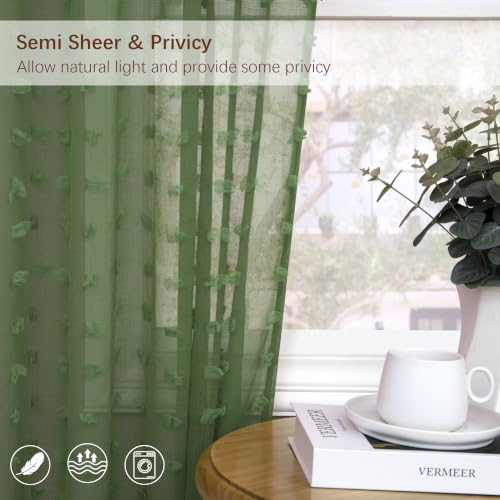 DANCURTON Olive Green Sheer Curtains 52x84 Inches Set of 2 Boho Pom Pom Window Treatments