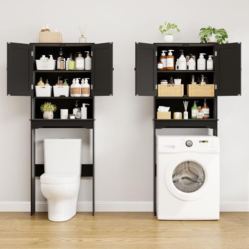 Over The Toilet Storage Cabinet - Black Bathroom Organizer with Adjustable Shelf - 24.8"L