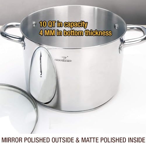 10 Quart Stock Pot with Glass Lid - Mirror Polished Stainless Steel, Nickel-Free, Induction Compatible - Silver Variation